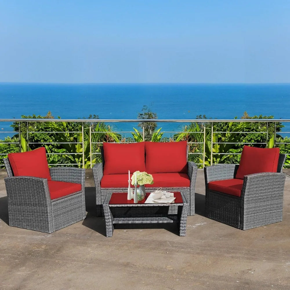 4 Pieces Patio Rattan Furniture Set, Outdoor Wicker Sofa Set with Tempered Glass Coffee Table, Cushions, All Weather Rattan Con