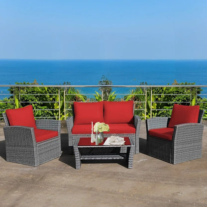 4 Pieces Patio Rattan Furniture Set, Outdoor Wicker Sofa Set with Tempered Glass Coffee Table, Cushions, All Weather Rattan Con