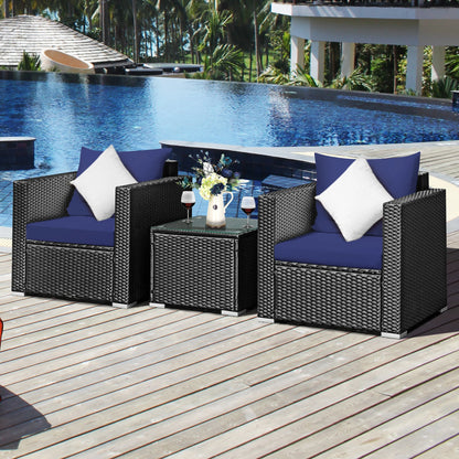 3PCS Patio Rattan Wicker Furniture Set Sofa Table W/Cushion Yard Navy