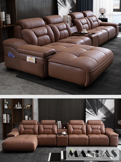MANBAS Italian Genuine Leather Sectional Sofa with USB Charging, Bluetooth Speaker and Projector - Perfect for Your Living Room