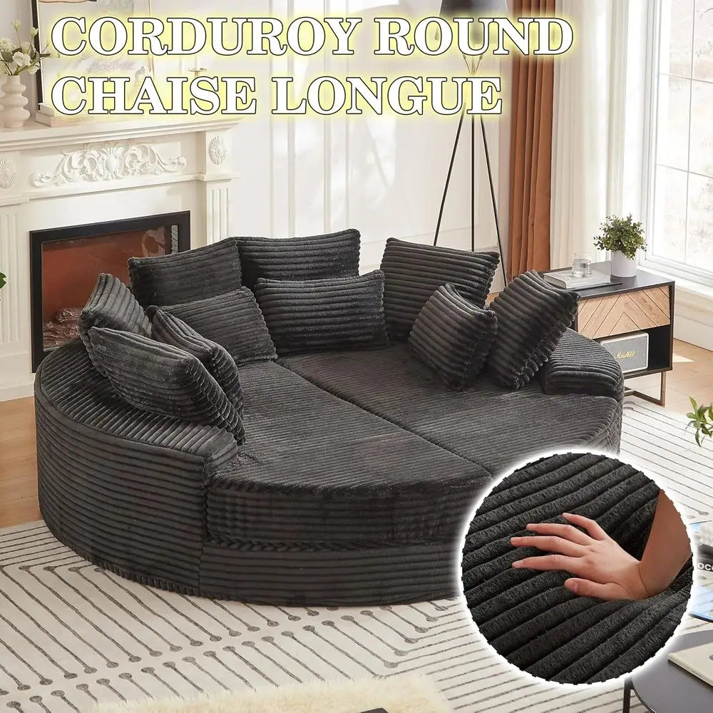 Oversized Corduroy Sofa with Recliners, 2-in-1 Bed, Lounge Chair, Neck Pillow, 5 Throw Pillows (Black)