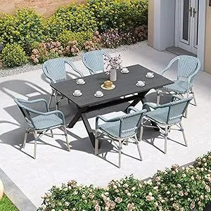 Patio Dining Set for 6 All-Weather Wicker 7 Piece Aluminium Outdoor Table and Chairs Set Included Cushions for Backyard Indoor