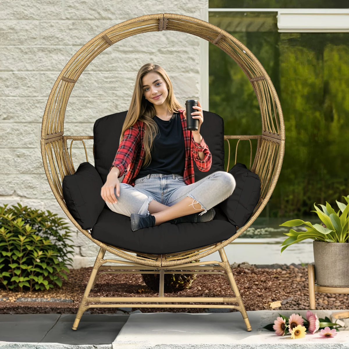 Wicker Round Egg Chair, Oversized Outdoor Lounger For Patio, W/ 4 Cushions, Steel Frame, 330lbs, Rattan Moon Chair