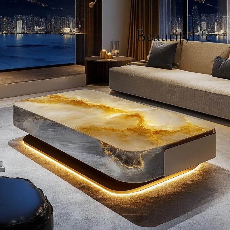 Square luminous jade luxury stone coffee table living room custom modern light luxury style large flat floor home