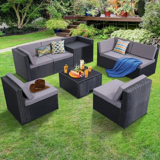 y 8-piece outdoor wicker terrace furniture set with large storage and glass tabletop, 7 padded sofas and 1 oversized table