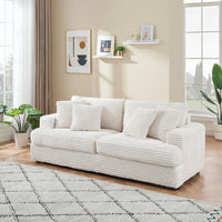 88.58\" White Corduroy 3-Seat Modern Living Room Sofa Spacious & Comfortable with 4 Elegant White Throw Pillows