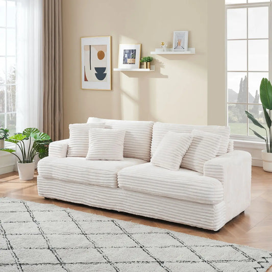 88.58\" White Corduroy 3-Seat Modern Living Room Sofa Spacious & Comfortable with 4 Elegant White Throw Pillows