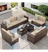 QAZ8-7 Piece Patio Furniture Set Fire Pit Table. Outdoor Conversation Sets Wicker Rattan Sectional Sofa with Coffee TSZ