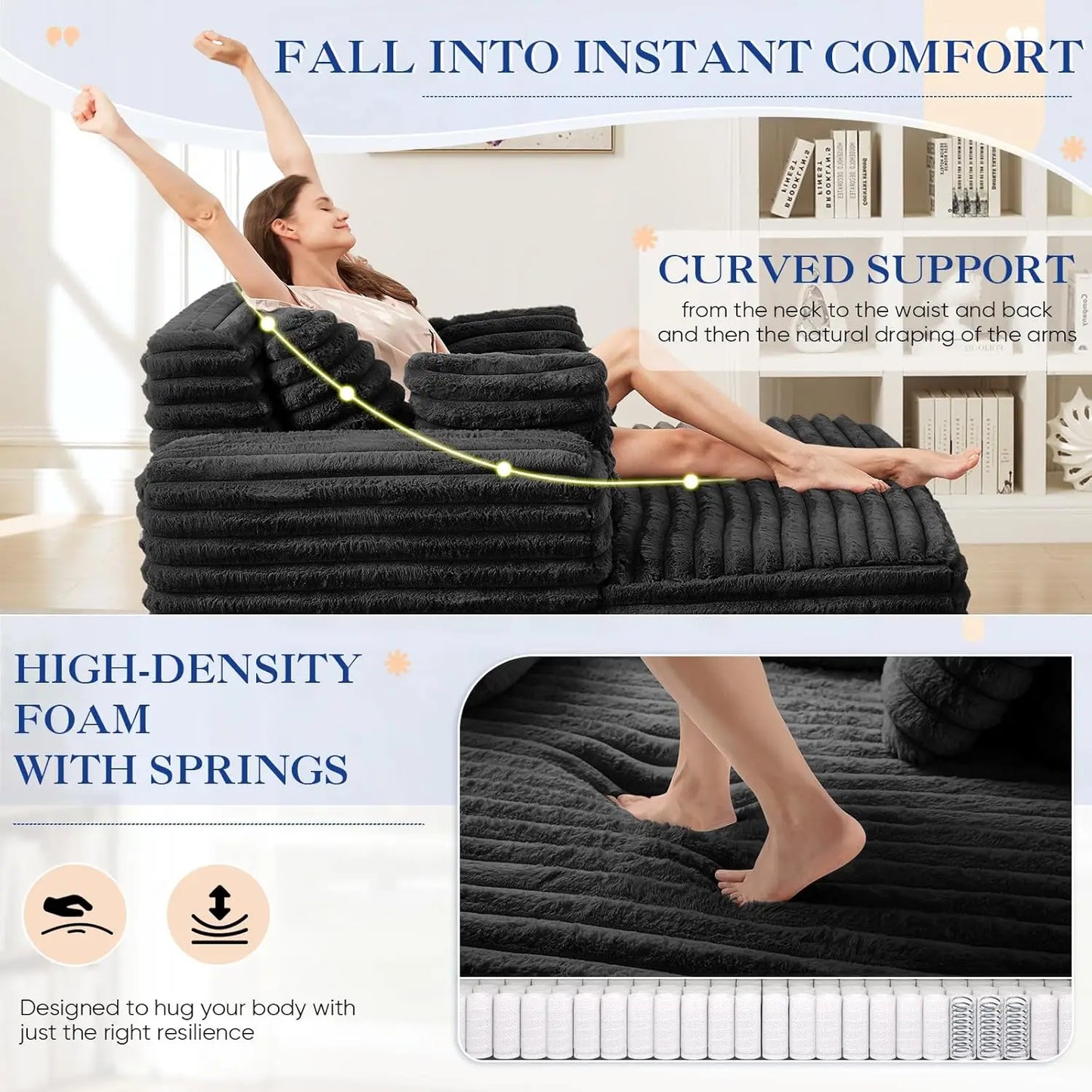 Oversized Chaise Lounge Indoor, Modern Plush Corduroy Fabric Deep Seat Boneless Memory Foam Sleeper Chaise Lounge Sofa Chair wit