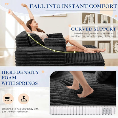 Oversized Chaise Lounge Indoor, Modern Plush Corduroy Fabric Deep Seat Boneless Memory Foam Sleeper Chaise Lounge Sofa Chair wit