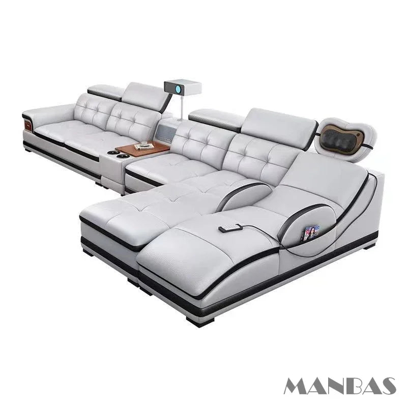 Linlamlim Luxury Genuine Leather Sectional Sofa with Adjustable Headrests, Projector, Speaker and Storage for Living Room Couch
