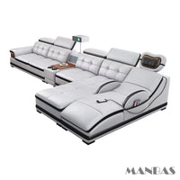 Linlamlim Luxury Genuine Leather Sectional Sofa with Adjustable Headrests, Projector, Speaker and Storage for Living Room Couch