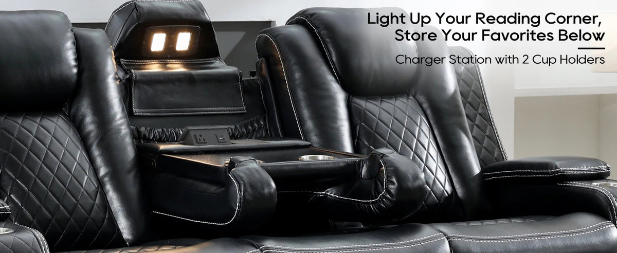 Power Recliner Sofa Sectional Sofa with LED Light for Living Room, Air Leather Reclining Corner Sectional Sofa Set