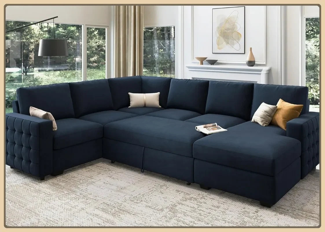 6-Seater Velvet Sleeper Sofa, U-Shaped Sectional with Storage for Living Room