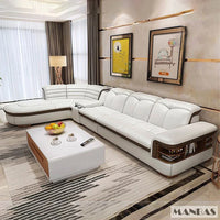 Luxury L-Shaped Genuine Leather Sectional Sofa Sets with USB, Bluetooth Speaker - MANBAS Living Room Italian Leather Couches