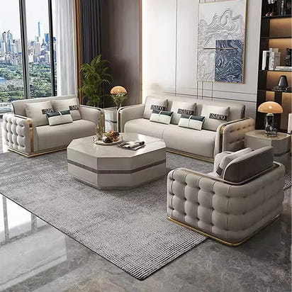 Luxury Modern Leather Couch Living Room High End Chesterfield Sofa Set Furniture With Gold Stainless Steel Decoration Villa Sofa