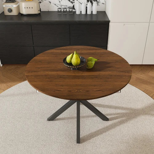 Circular telescopic dining table, 6-person carbon steel base, modern minimalist solid wood veneer, 42 in extended to 58 in