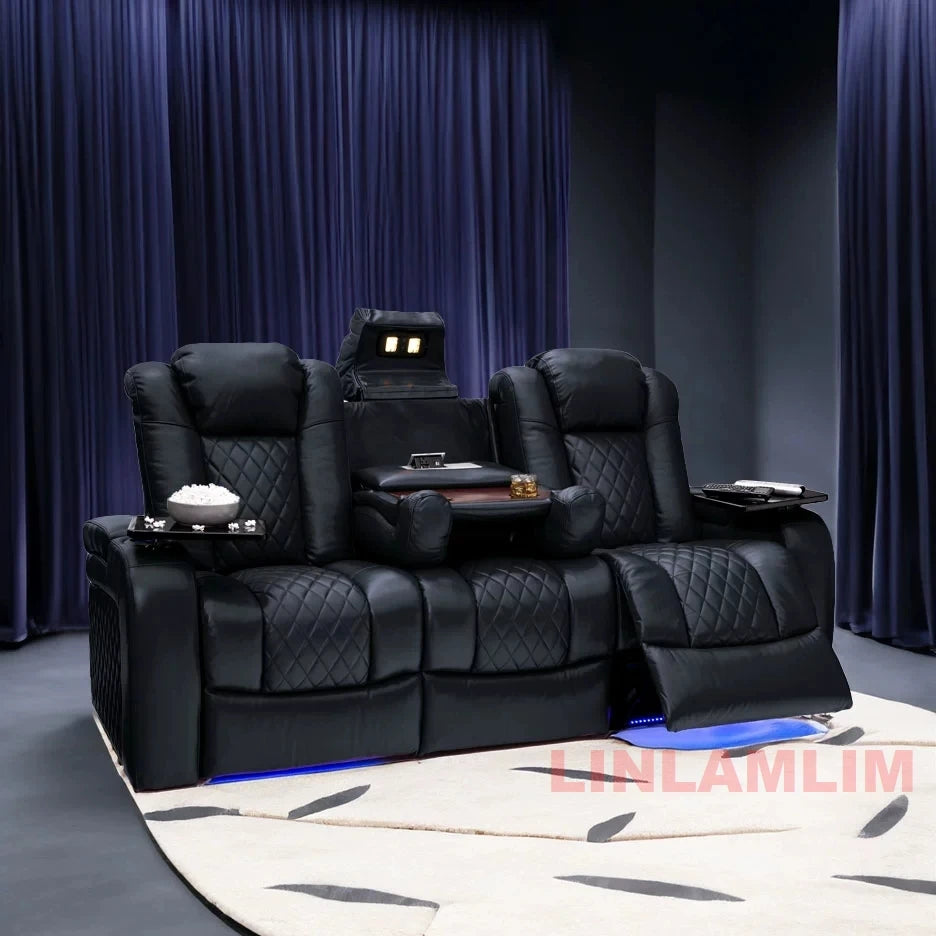 Luxury Dual Motors Power Reclining Sofa with LED Lighting, USB, Hidden Storage, Fold-Down Table & Tray – 3-Seat Recliner Sofa