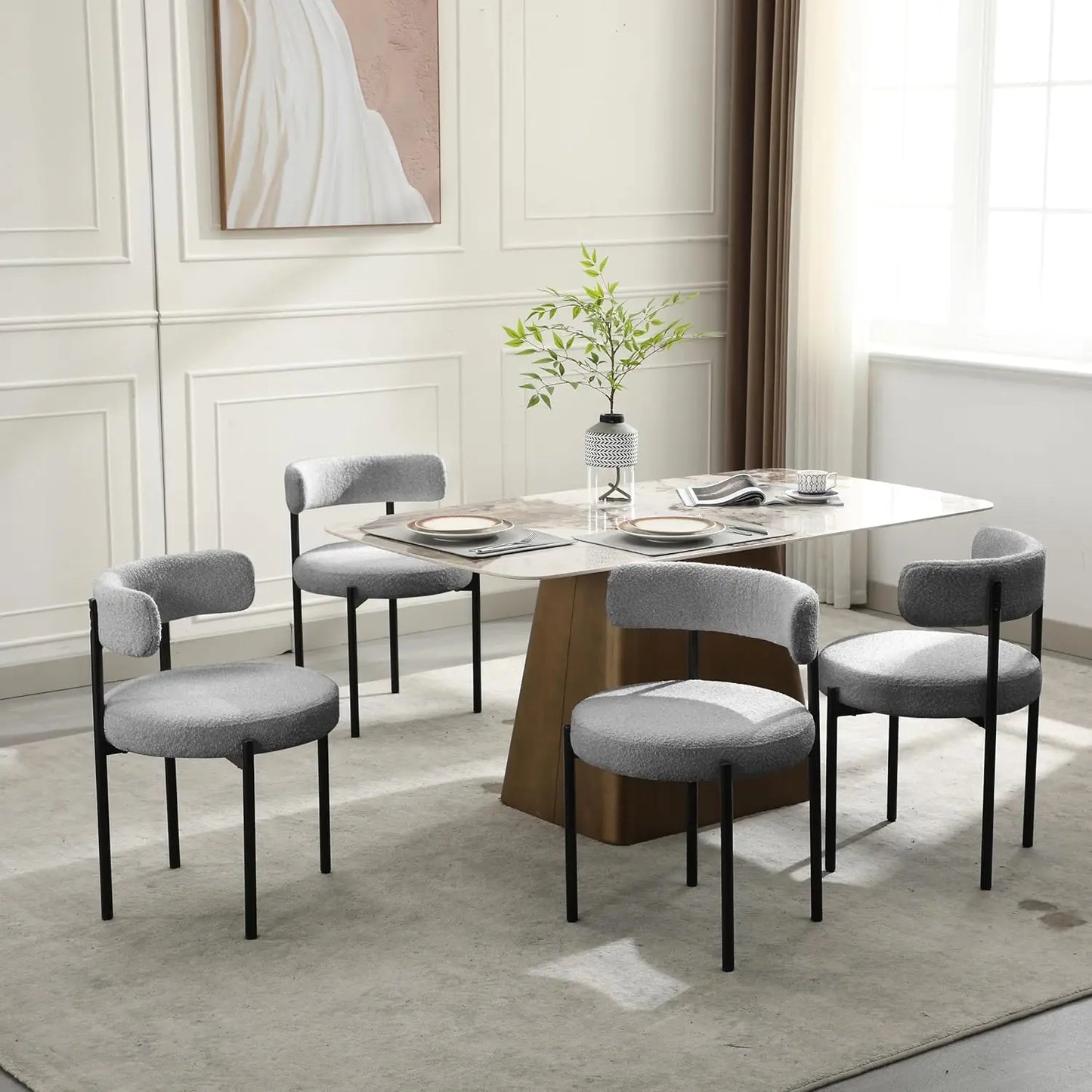 Boucle Dining Chairs Set of 4, Rust Dining Chairs with Upholstered Seat and Round Back, Mid-Century Modern Kitchen Chairs