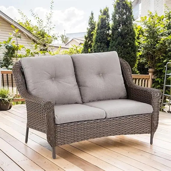 Brown Rattan Outdoor Wicker Loveseat with Chrysanthemum Arms and Water-Resistant Cushions for Patio and Balcony Garden Use
