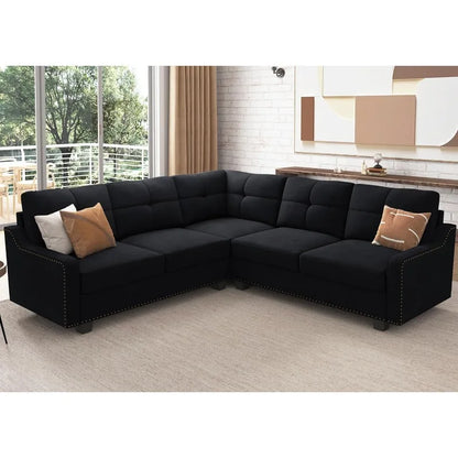 Convertible L-Shaped Sectional Sofa, Reversible Velvet Couch for Small Apartment Living Room, Black