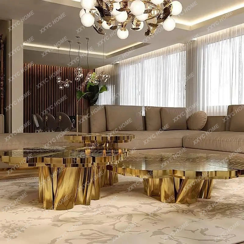 Italian light luxury round coffee table high-end villa living room stainless steel heterosexual etching