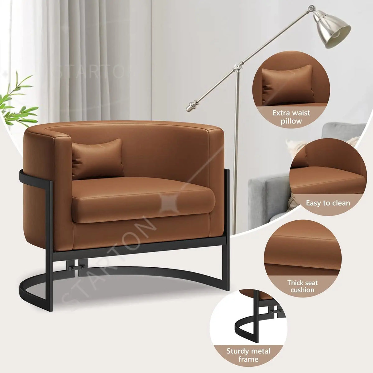Modern Barrel Armchair for Bedroom, Living Room, or Vanity Corner Velvet Upholstered Accent Chair with Gold Frame