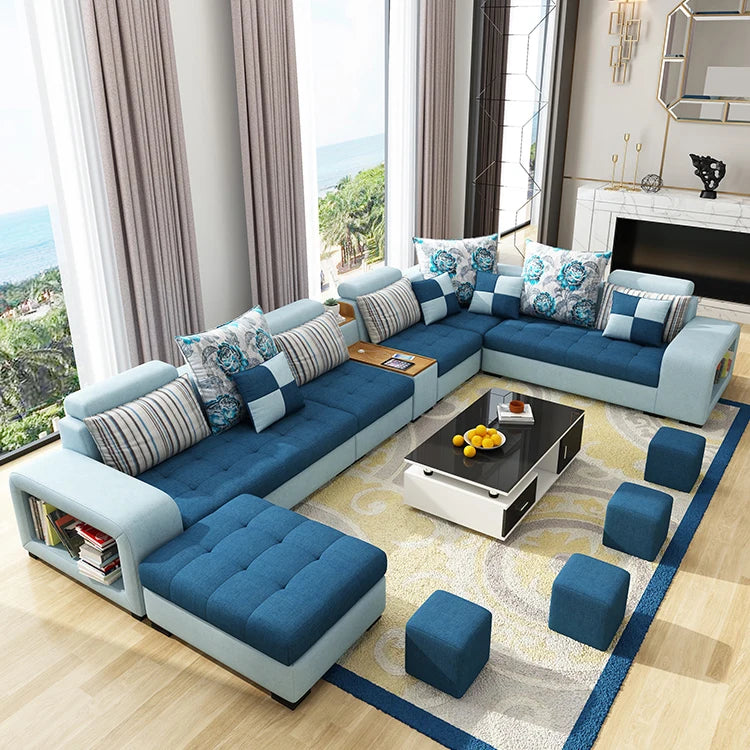 Modern Style Fabric Sectional Sofa Cum Bed Couch Living Room Sofas Set Home Luxury U Shaped Corner Sofa Set 7 Seater