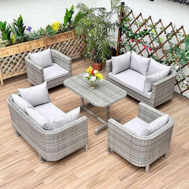 European Outdoor Garden Sofas Leisure PE Rattan Garden Terrace Sofa Chair Set Courtyard Balcony Double Sofa Outdoor Furniture AA