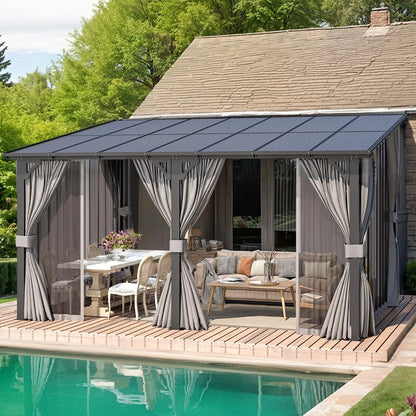 Hard Top Lean-to Gazebo Pergola Curtains & Netting Wall-Mounted Patio Deck Awning, Custom