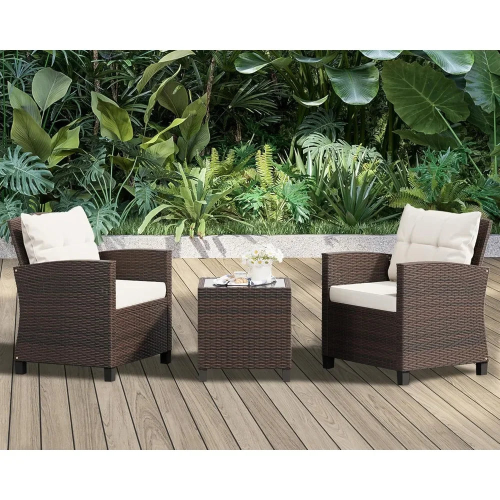3 Pieces Patio Furniture Set 3 Pieces PE Rattan Wicker Chairs with Table Outdoor Furniture Brown Rattan with White Cushion