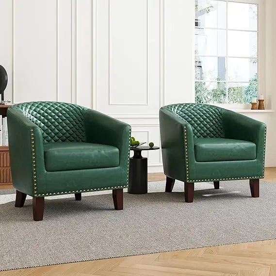 Swivel Barrel Accent Chairs, Comfortable Modern Upholstered Round Faux Leather Armchairs for Living Room and Bedroom, Beige, Set