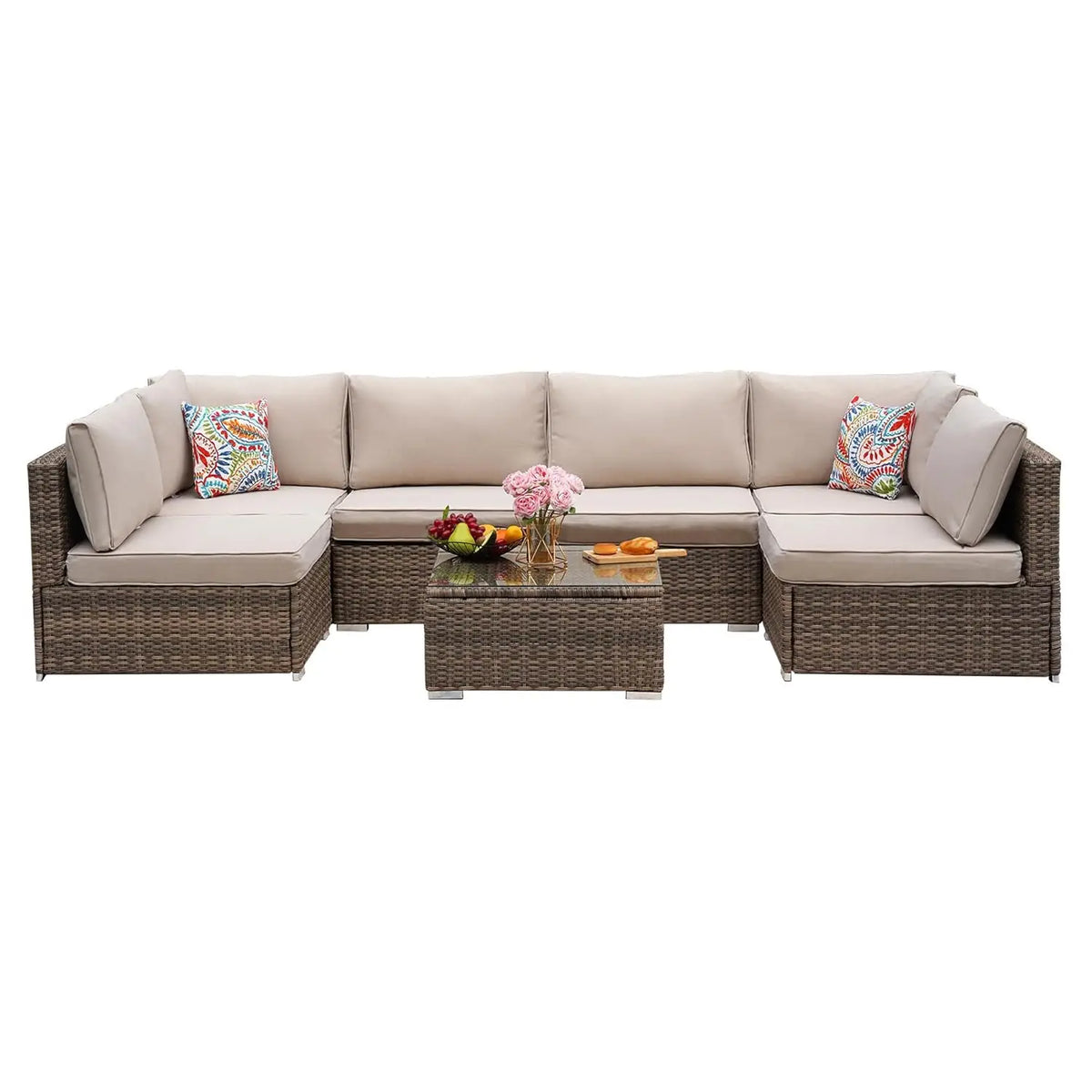 7 Pieces Patio Furniture Set - All-Weather Outdoor Wicker Sectional Conversation Sofa, Rattan Patio Seating Sofa, Customized