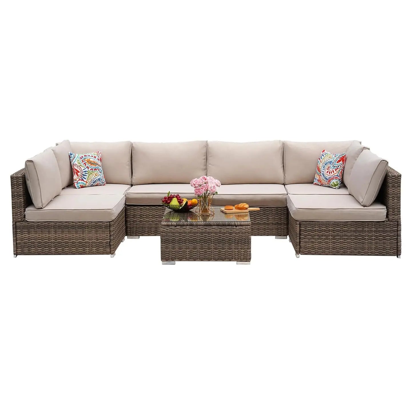 7 Pieces Patio Furniture Set - All-Weather Outdoor Wicker Sectional Conversation Sofa, Rattan Patio Seating Sofa, Customized