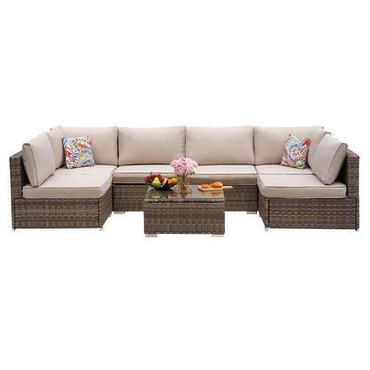 7 Pieces Patio Furniture Set - All-Weather Outdoor Wicker Sectional Conversation Sofa, Rattan Patio Seating Sofa, Customized