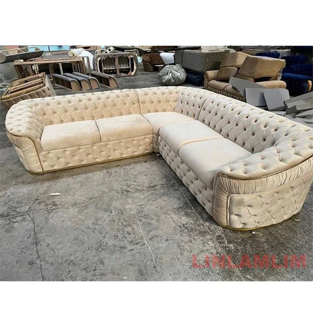 A Luxury Chesterfield Sectional Sofa Set With Cloth Buttons And Fabric Modular Couch With Gold Stainless Steel Base, 3-seater So