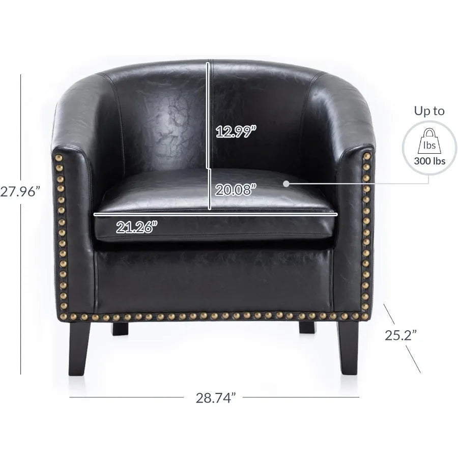 Modern Accent Barrel Chair with Faux Leather Upholstery and Gold Nail Head Trim Black Legs Design for Living Room Bedroom Apart