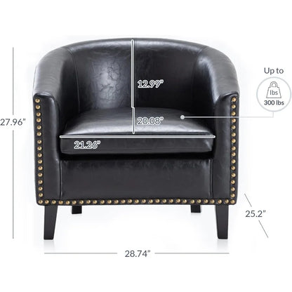Modern Accent Barrel Chair with Faux Leather Upholstery and Gold Nail Head Trim Black Legs Design for Living Room Bedroom Apart