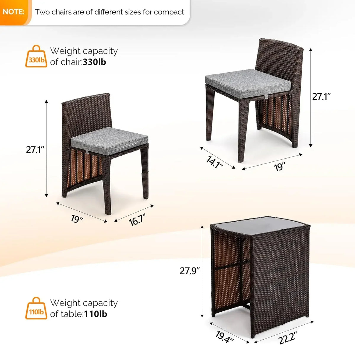 [Limited Time Offer, Today Only!]3 PCS Wicker Outdoor Patio Bistro Set, Patio Furniture Set for Small Space with Glass Top Table