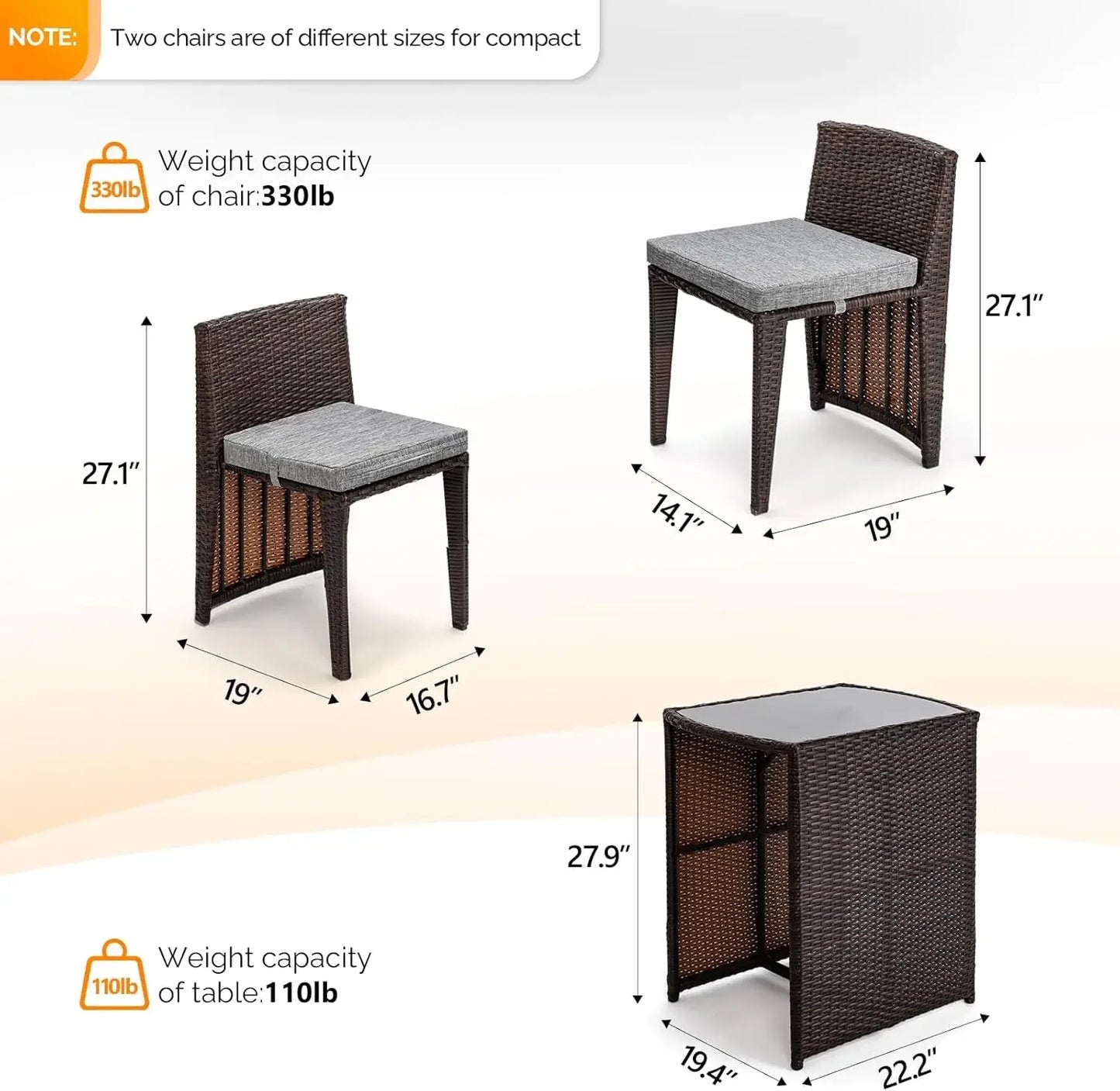 [Limited Time Offer, Today Only!]3 PCS Wicker Outdoor Patio Bistro Set, Patio Furniture Set for Small Space with Glass Top Table