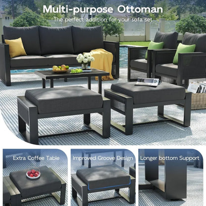 Patio Furniture Set with Ottoman, 6 Piece Modern Aluminum Outdoor Furniture Set, Patio Conversation Sets with Thickend Cushions