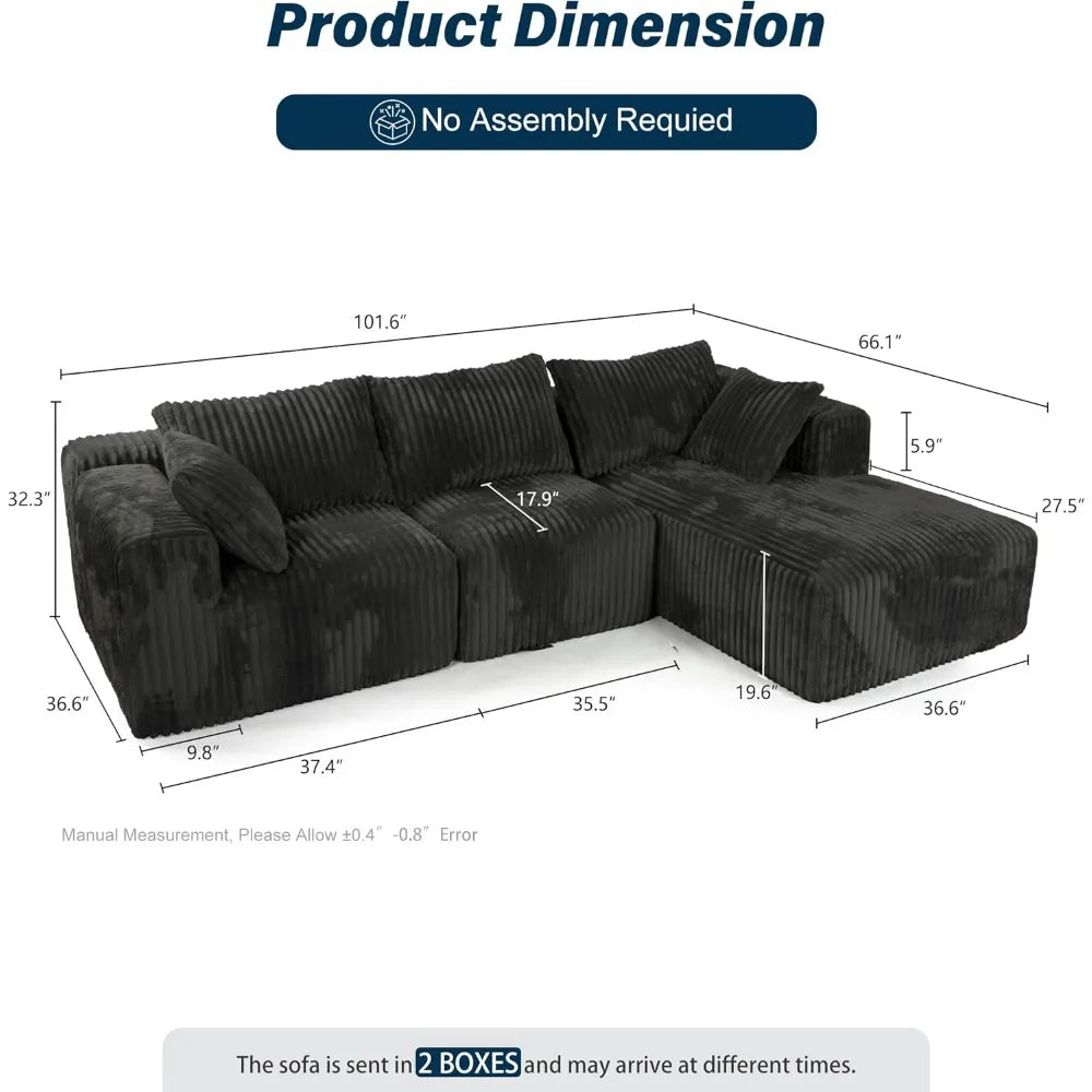 3 Seater L Shaped Sofa with Deep Seat, 101" Cloud Sectional Couch with Chaise, Cozy Modular Couches Sleeper,