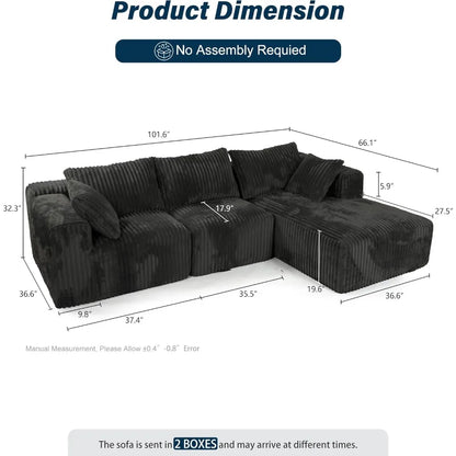 3 Seater L Shaped Sofa with Deep Seat, 101" Cloud Sectional Couch with Chaise, Cozy Modular Couches Sleeper,