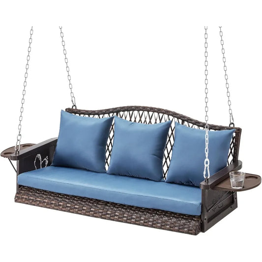 Upgraded Wicker Hanging Porch Swing, Heavy Duty 900 LBS 3-Seat Outdoor Patio Swing Chair Bench, for Adult w/ 8.9ft Hanging Chain
