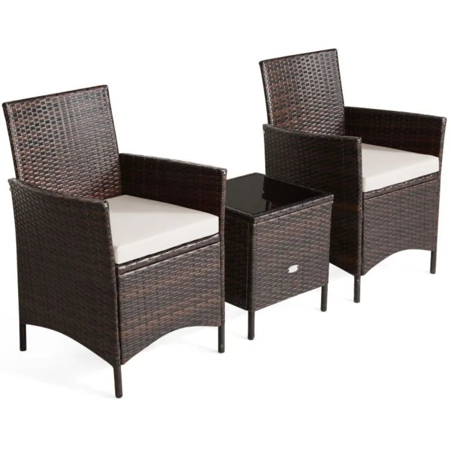 3 Pieces Patio Cushioned Rattan Converstaion Set With Glass Table Top