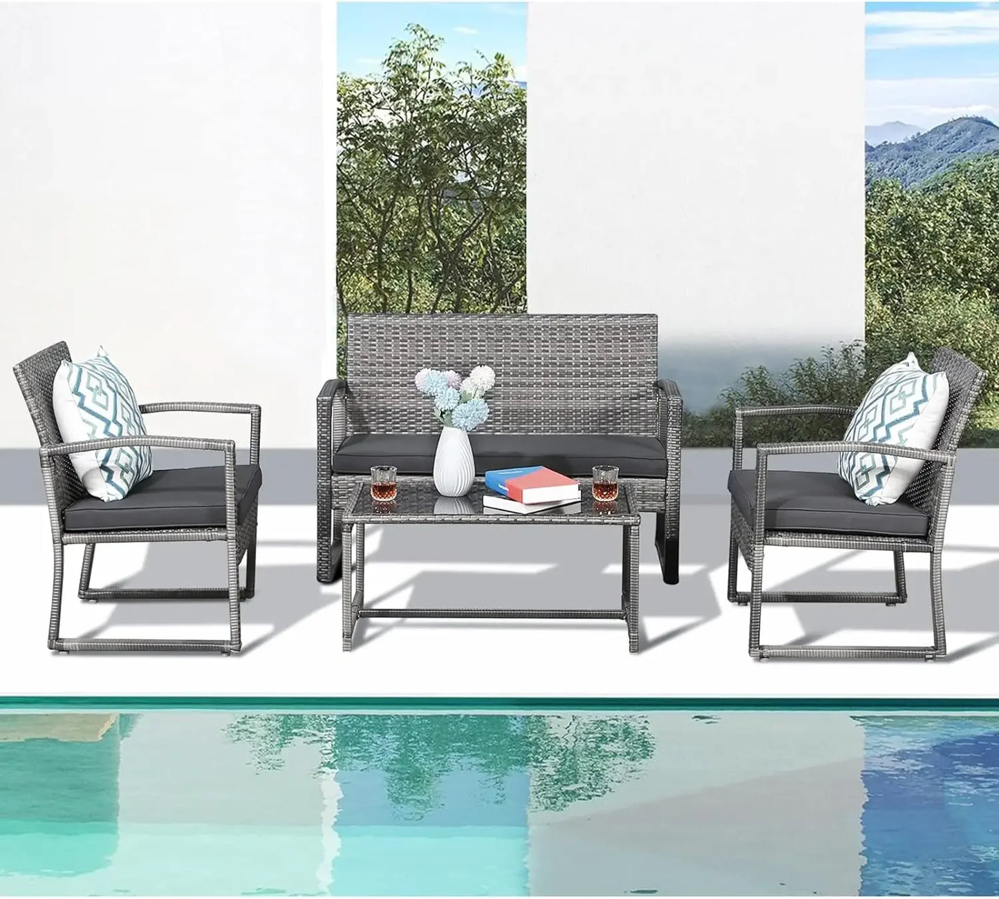 4pcs Outdoor Patio Furniture Set, Outdoor Wicker Conversation Set, Patio Rattan Chair Set, Modern Bistro Set with Coffee Table