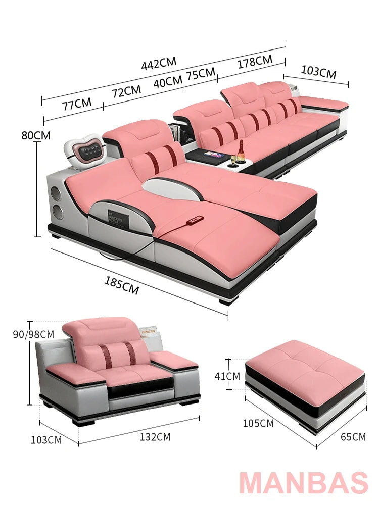 A38 Italy Genuine Leather Sectional Sofa with Bluetooth Speaker,Functional Headrest,Massage Chaise | L Shape Corner Couch