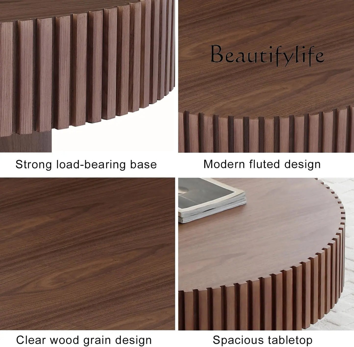 SS Modern Wooden Coffee Table Round Black With Solid Wood Veneered, Circle Center Table Accent Tea Table For Living Room Apartme