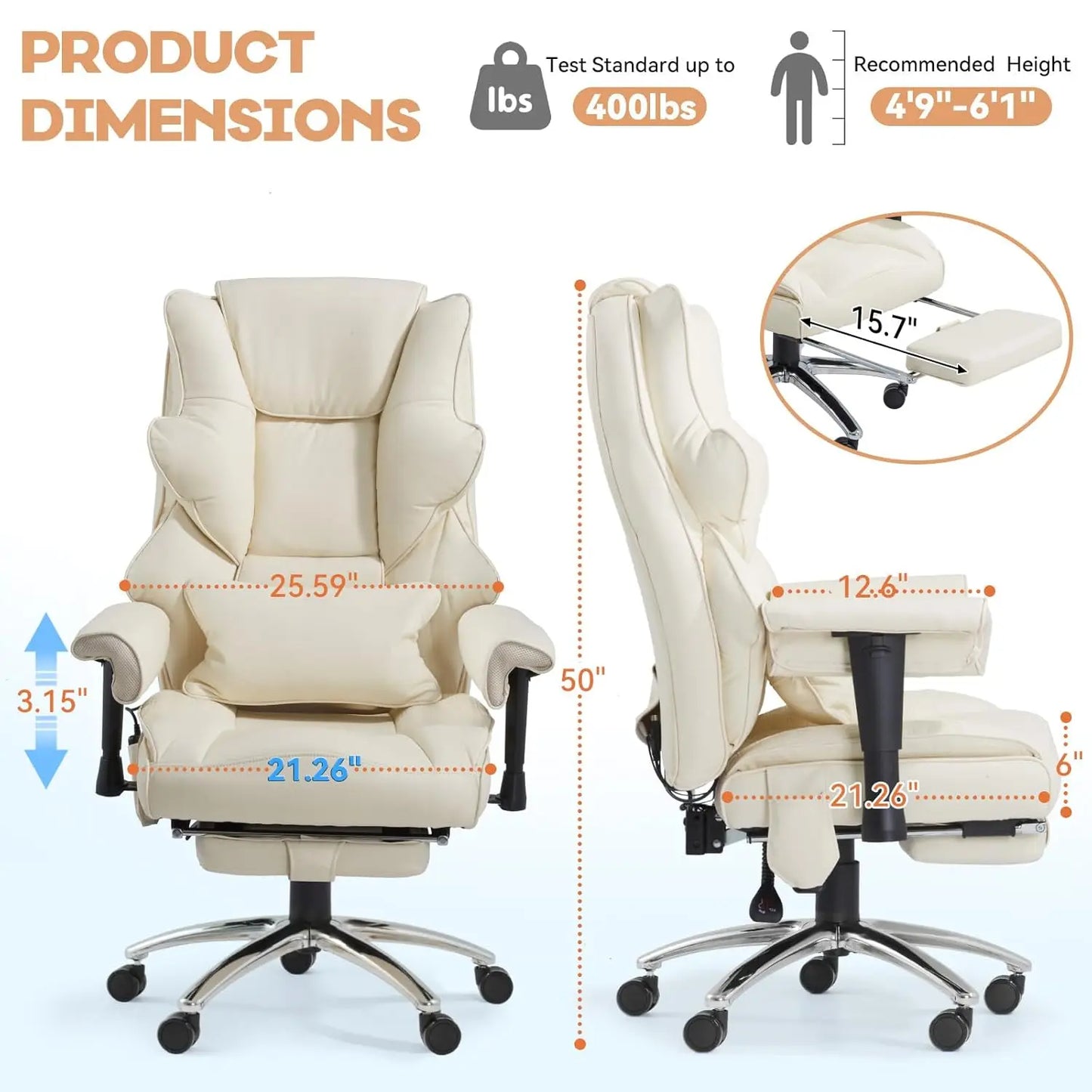 Massage Office Chair with Foot Rest, Ergonomic Executive Heated Office Chair with Reclining Backrest, Adjustable, Customized