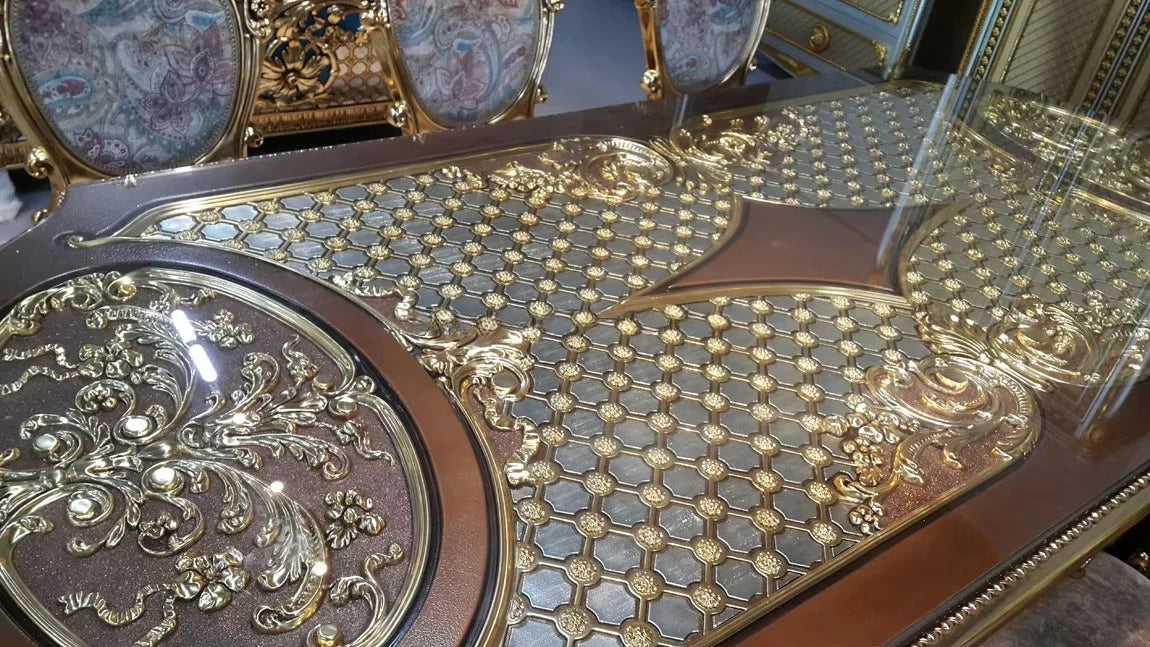 French Royal Baroque Dining Set — Hand-Carved Solid Wood Table with Upholstered Chairs, Luxury Gold for Villa/Hotel